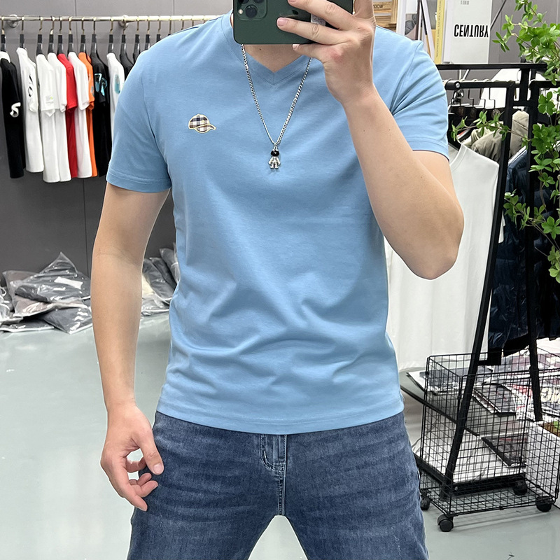 Men's Short-sleeved T-shirt European Fashion Brand Men's Half-sleeved T-shirt Top Summer New V-neck Base Shirt Hat Fashion in