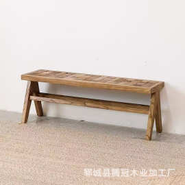 老榆木拼花长条凳民宿玄关换鞋凳床尾凳家用拼盘格拼花凳复古