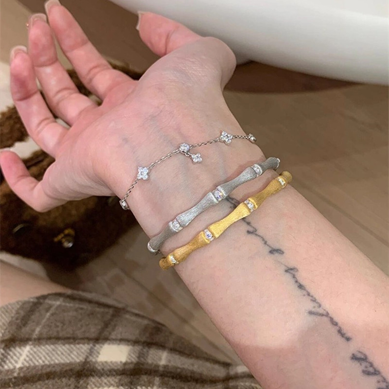 Retro matte golden bamboo sophisticated elegant bracelet with zircon