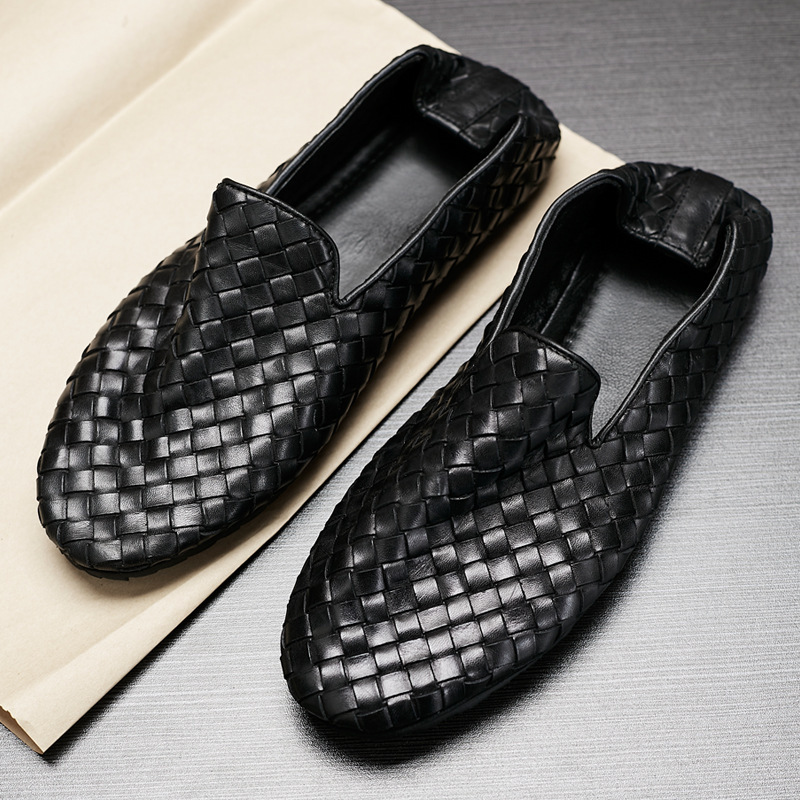 Lazy Woven Bean Shoes Men's Slip-on Leather Casual Loafers Fashionable Lightweight Trendy Shoes for Summer 2025 Lazy Woven Bean Shoes Men's Slip-on Leather Casual Loafers Fashionable Lightweight Trendy Shoes for Summer 2025