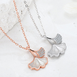 S925 Silver Three-Luck Mother-Of-Pearl Necklace, Light Luxury Rose Gold Clavicle Chain, Ginkgo Leaf Inlaid with Diamonds, 2023 New Model