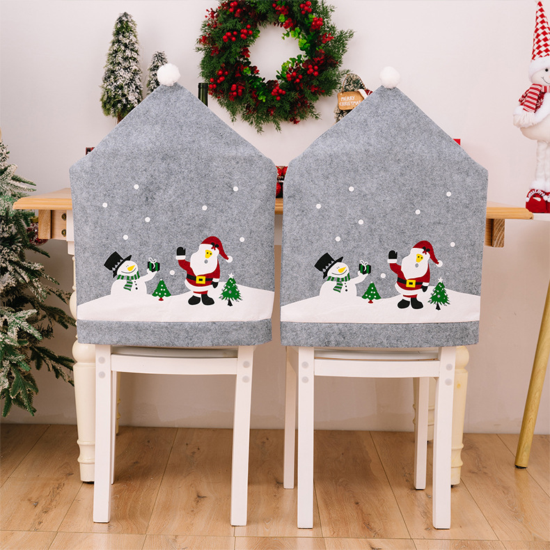 Weihnachtsdekoration für zu Hause, grau, bedruckt, Stuhlhusse für ältere Menschen, Schneemann, Vlies-Stuhlhusse, Weihnachtsmütze_voghion.com