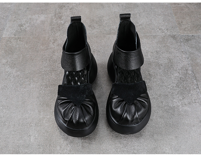 Sandal cao gót nữ da bò thật phong cách La Mã, gót to bản, đế dày, khóa dán — màu đen chi tiết 11