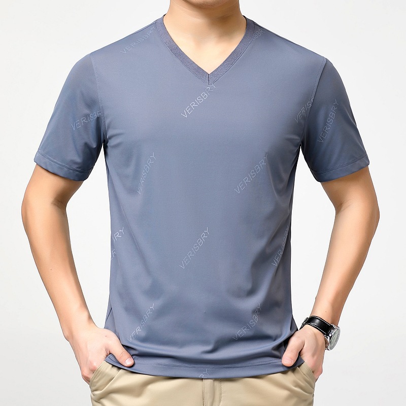 2025夏季新款短袖V领T恤商务和体型薄款中青年纯色短袖体恤打底衫