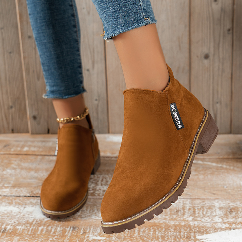 Neue Herbst/Winter-Stiefeletten für Damen im Vintage-Stil mit kurzem Bein, dickem Absatz und flachen Reißverschlüssen an der Seite_voghion.com