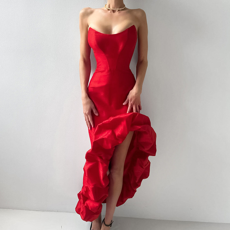 Socialite-Style Three-Dimensional Evening Dress for Women, High-End Satin Imitation Silk Slit Dress with a Subtle Sexy Bustier Design Socialite-Style Three-Dimensional Evening Dress for Women, High-End Satin Imitation Silk Slit Dress with a Subtle Sexy Bustier Design
