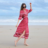 Bohemian V-neck seaside holiday large swing skirt women's large floral breasted dress with slit at the bottom