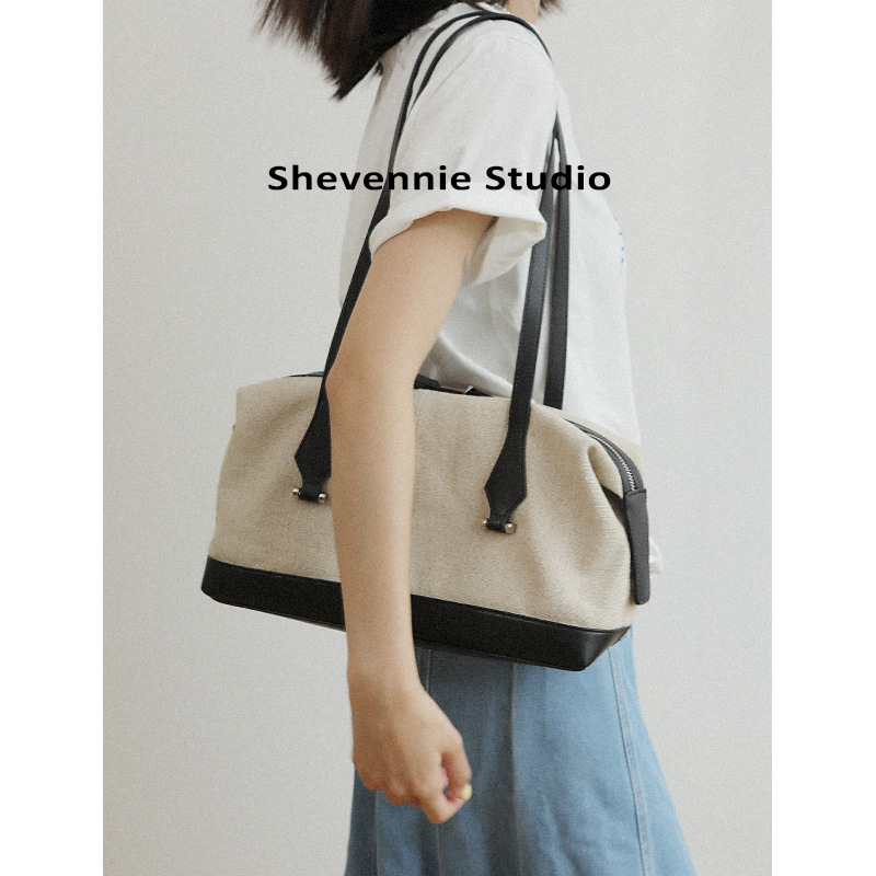 Retro Niche Design Canvas And Cowhide Pillow Bag, Large Capacity Underarm Bag, Casual Single Shoulder Tote Bag For Women - Thumbnail 4