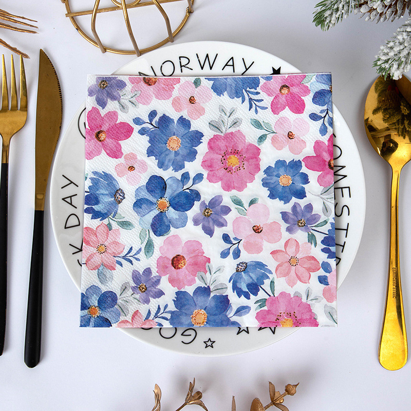Watercolor Purple Floral Print Disposable Napkins Cross-Border Spring Wedding Party Table Decoration Paper Napkins Wholesale