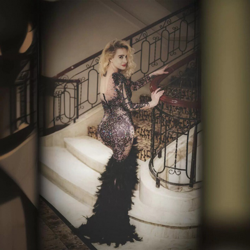 Birthday Long Dress, Holiday Party Clothing, Celebrity Party Dress, Black Bright Diamond Long-Sleeved Feather Dress, Stage Performance