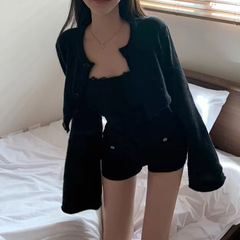 【秋日织语】针织开衫女秋季辣妹黑色喇叭袖短款小外套