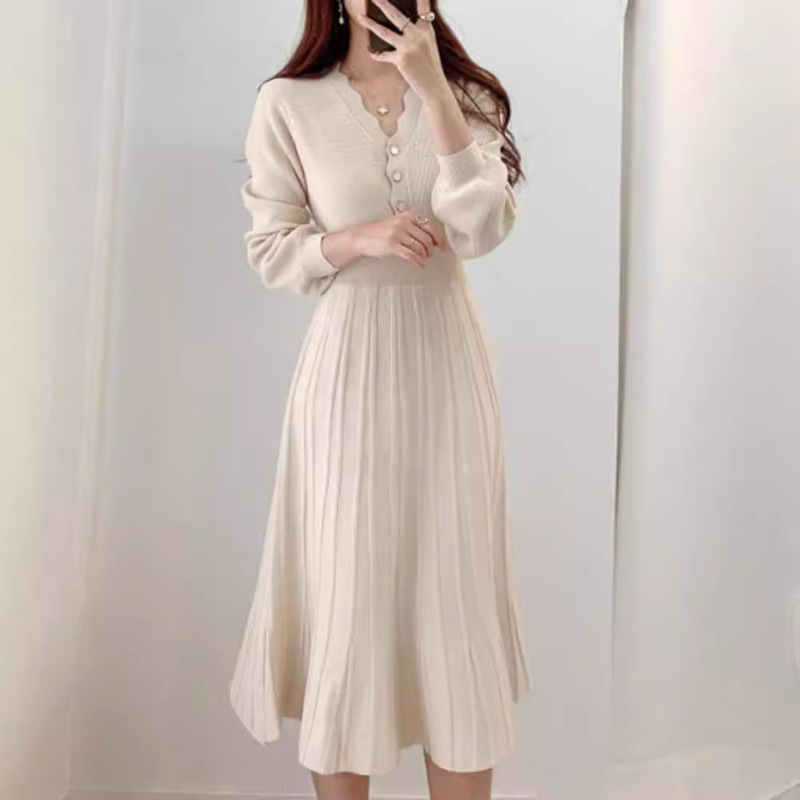 Xiaoxiangfeng Knitted dress Women's Autumn and Winter New V-neck Tight Waist Over Knee Striped Hem Mid-length Elegant Skirt