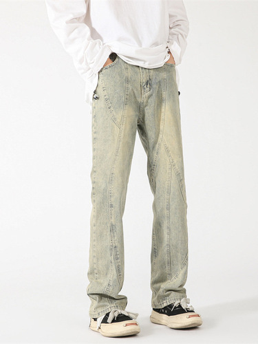 American-style street-washed distressed patchwork jeans for men, spring and autumn straight-leg loose European and American high-street vibe long pants