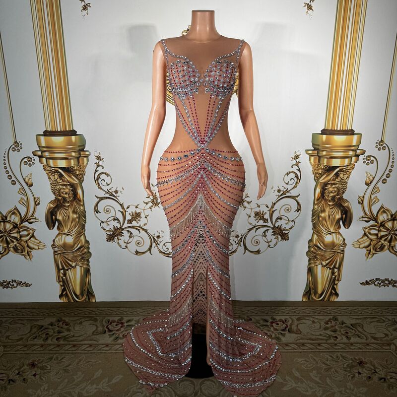 Luxurious Diamond-Embellished Sleeveless Long Dress with Slit, Mermaid Gown for Company Annual Meeting, Dinner Party Host, Emcee, Ball Gown, Evening Dress