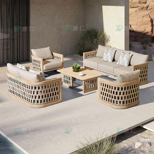 Outdoor Sofa Courtyard Teak Rattan Coffee Table Nordic Combination Balcony Open-Air Villa Garden Rattan Chair Solid Wood Furniture
