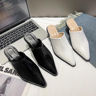 plus size European and American Style Baotou Half Slippers Women's Outer Wear Chunky Heel Wedge Fashionable Pointed All-match 2025 Spring Summer Autumn New