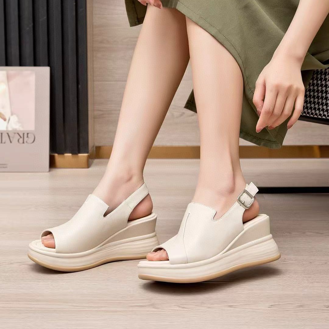 Sandal cao gót nữ đế xuồng da thật hở ngón mới xuân hè 2025 — Màu đen, Màu trắng be