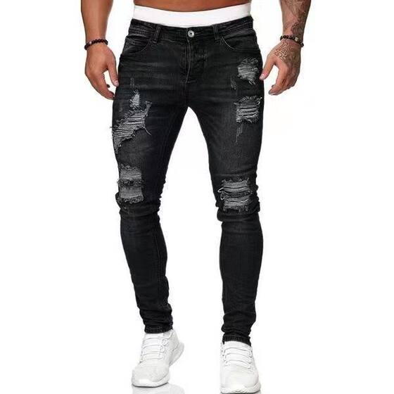 European and American AliExpress New Jeans Men's Foreign Trade Ripped Trendy Fashion Slim-fit Skinny Pants Xintang Jeans