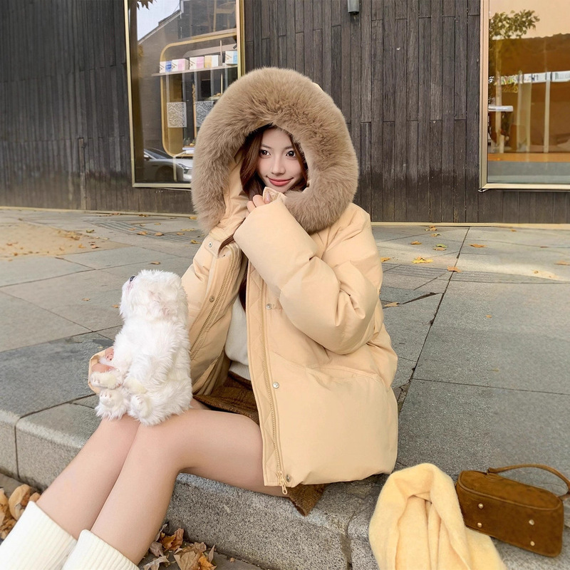 Champs Song 90 White Duck down Jacket for Women, Short Style with Fox Fur Hood, Versatile, New Thickened Coat for Autumn and Winter 2026 Champs Song 90 White Duck down Jacket for Women, Short Style with Fox Fur Hood, Versatile, New Thickened Coat for Autumn and Winter 2026