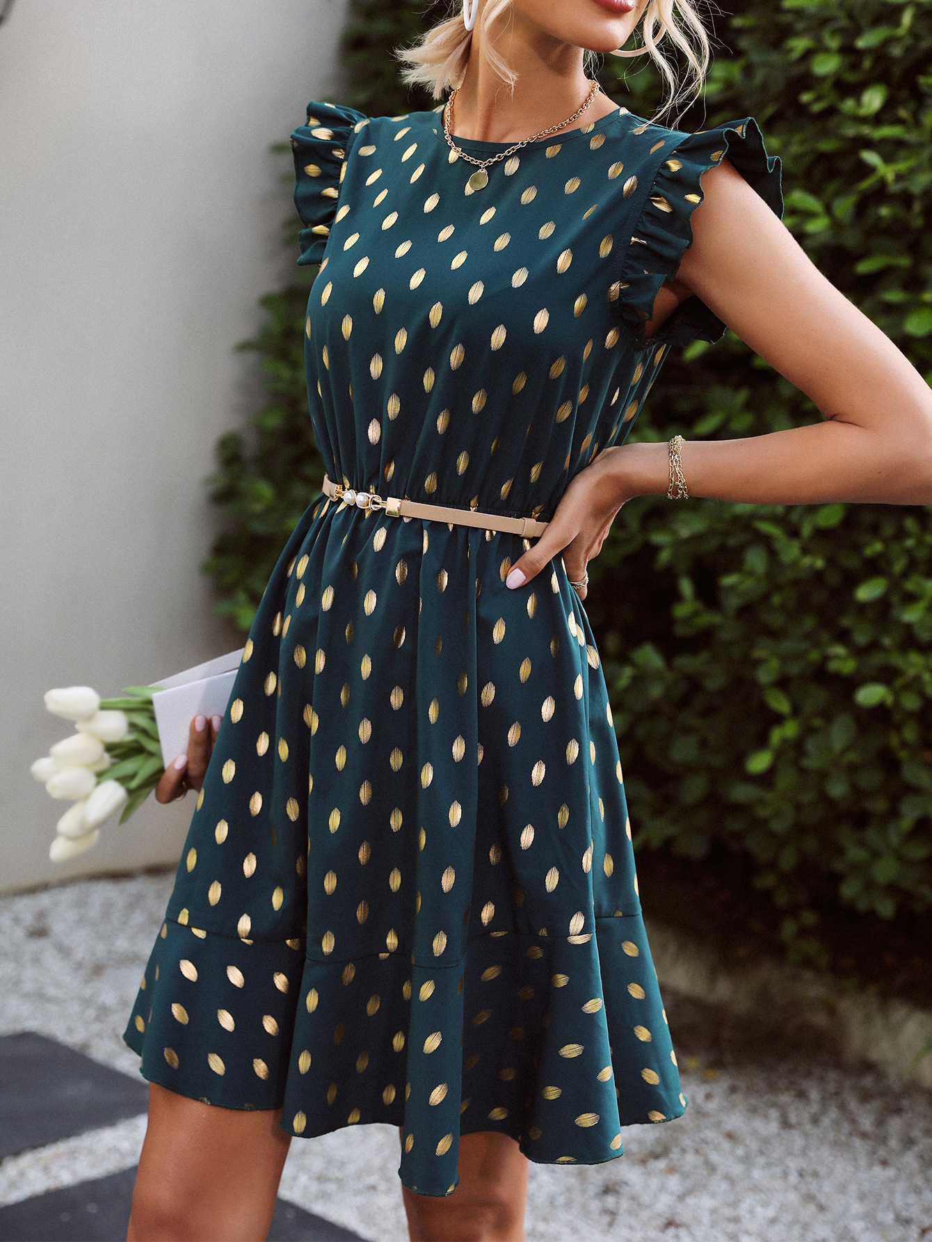 round neck sleeveless polka dot printed dress NSJM130263