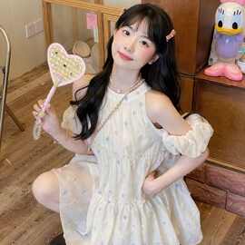 甜美少女感宽松显瘦波点彩色立体花花蓬蓬连衣裙小个子女夏季新款