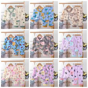 2025 Children's Clothing Children's Pajamas Autumn Open Button Long-Sleeved Pants Boys and Girls Home Clothes Sets Factory Direct Supply