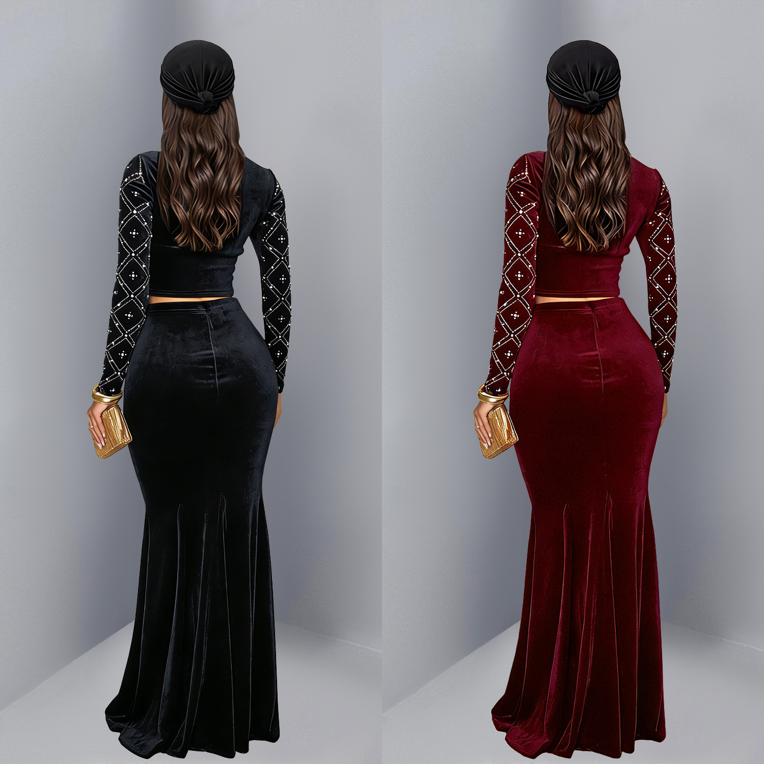 C7618 Aliexpress transfronterizo Amazon Europa y América moda de mujer elegante chaqueta de perlas de diamante caliente vestido larga de dos piezas