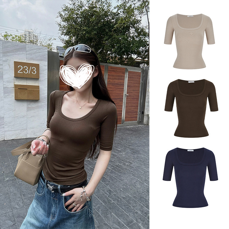 Moses Queen Brown Slim-Fit T-Shirt Fashionable Straight-Shoulder Slimming Short-Sleeve Versatile Stylish Top