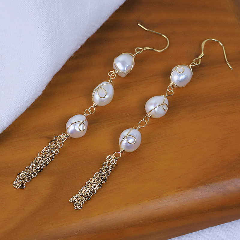 XlentAg aretes de perla natural aretes de bronce aretes largos para mujeres lujosos aretes de diseño manual de alta calidad