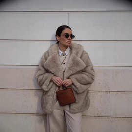 定制跨境欧美冬宽松染尖狐狸毛大衣大翻领中长款俄罗斯仿皮草外套