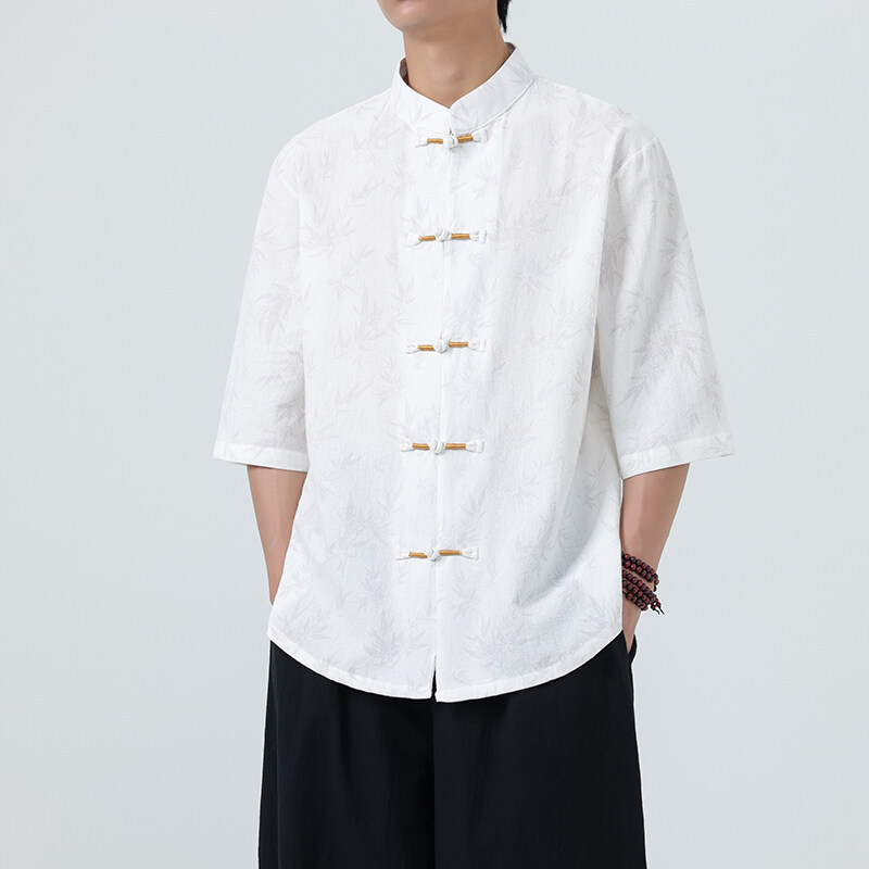 Chinese Style 2025 Summer Men's Button Casual Shirt Three-Quarter Sleeve Shirt Mid-Sleeve Printed Stand Collar Tang Suit Hanfu