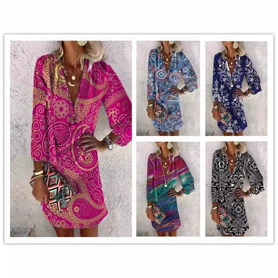 В наличии независимая станция Amazon Европа и США трансграничное жаркое лето новое Свободное платье с V-образным вырезом и длинным рукавом