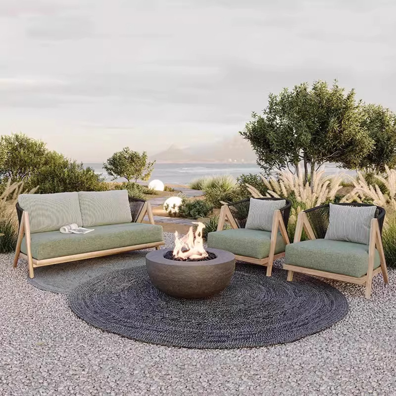 Sofá de teca al aire libre patio al aire libre villa jardín tela de caña anticorrosión mesa de té combinación de ocio al aire libre muebles de madera maciza