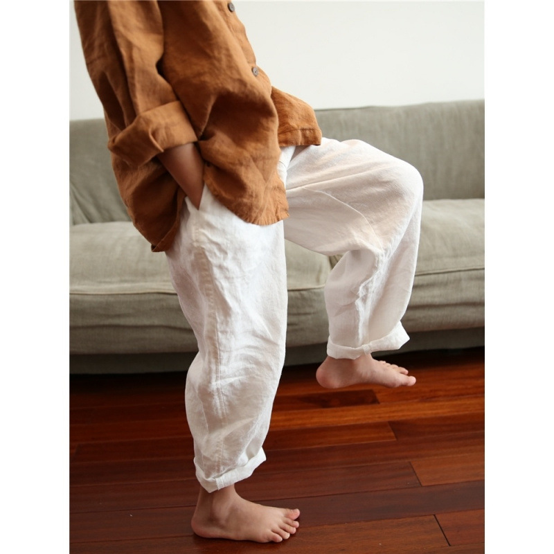 Children's White Pants Spring and Autumn Loose Linen Long Pants Casual Ins Retro Solid Color Cotton Linen Pants Elastic Waist Versatile