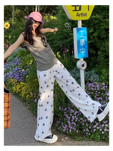 American Retro Loose Straight Leg Sports Pants for Women with Full Print Dog Paw Polka Dot Ground-Long White Pants