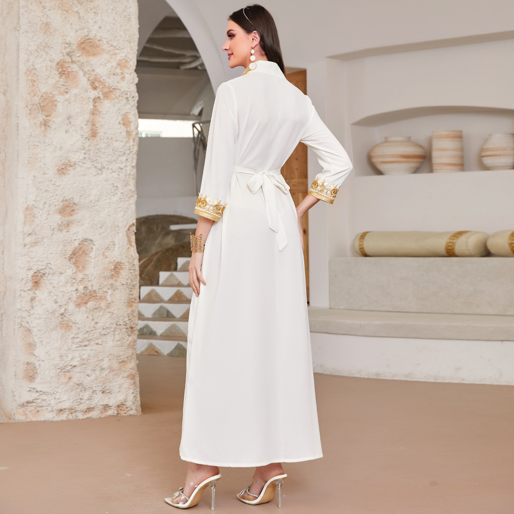 BA3168 Nouvelle robe longue arabe deux pièces en dentelle dorée, sequins et perles_voghion.com