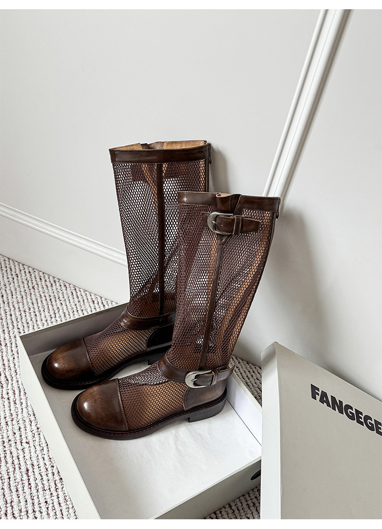 Boot nữ cổ cao hở lưới khóa dây rút đế dày thoáng khí — Ống tiêu chuẩn nâu, Ống rộng đen, Ống rộng nâu, Ống tiêu chuẩn đen chi tiết 16