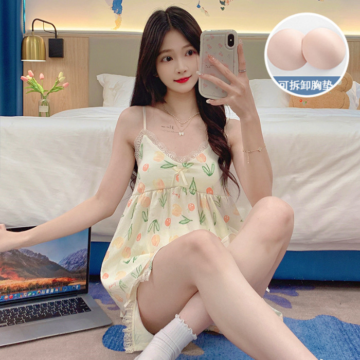 2024 verano nuevo pijama mujer tejido nubes de algodón cinturón cojín de pecho cabina niña dulce y fresco conjunto de ropa para el hogar