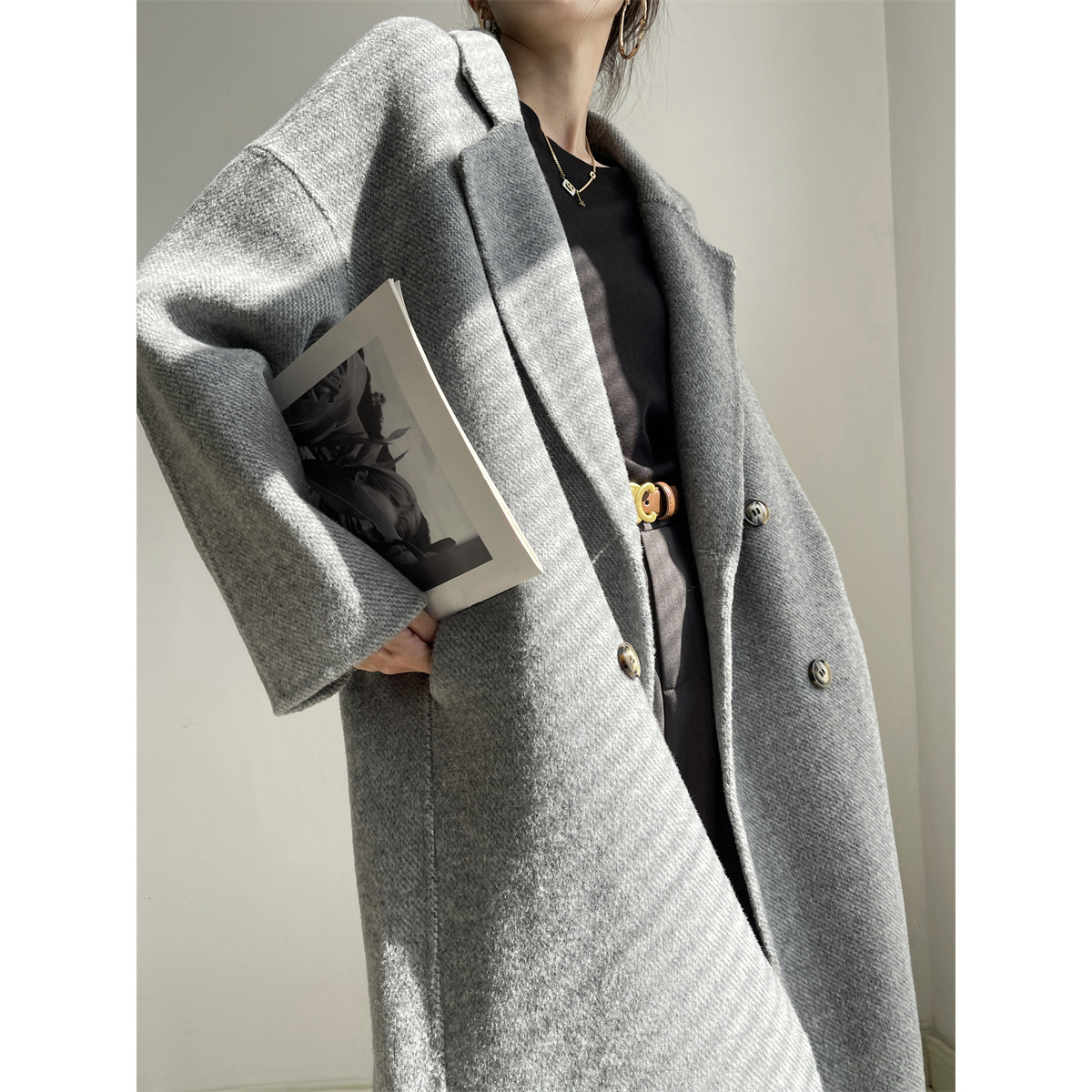 Mengzi chic 2023 autumn and winter new double-sided woolen coat Women's Mid-length cocoon woolen coat X1573