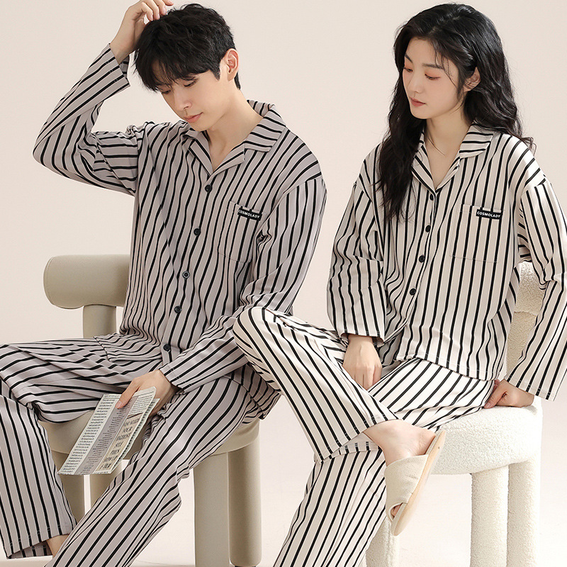 Algodón puro pareja pijamas de las mujeres del otoño nuevo simple chica lycra algodón manga larga vestir prendas exteriores desgaste los hombres traje