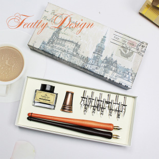 TM06-F2 comic dip pen suit containing 2 wooden pens black ink 11 tips Hook pen English Flower Body