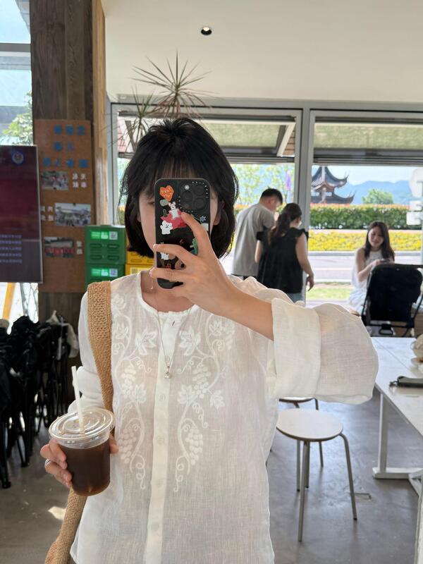 25 夏の新刺繍ラミーシャツ白中空ブドウ中国風の女性のシャツラウンドネックヘビーデューティシングルブレスト|undefined