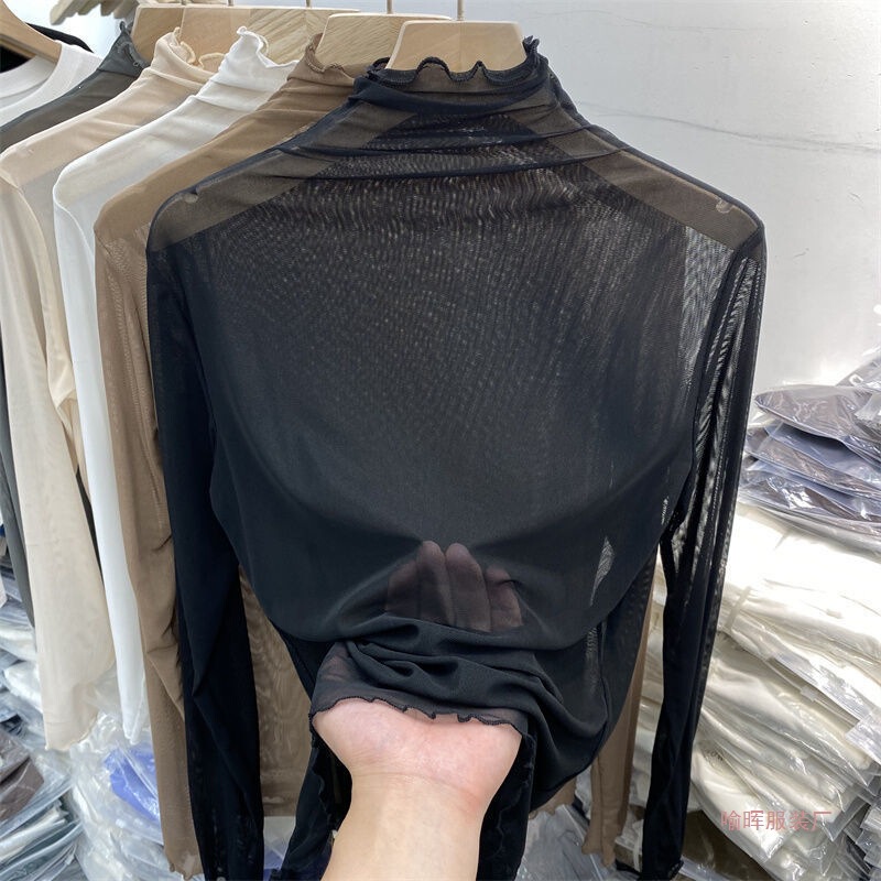 High-Neck Lace Mesh Base Shirt for Women, Long-Sleeve 2026 New Spring and Autumn Chiffon Blouse, Layered Top