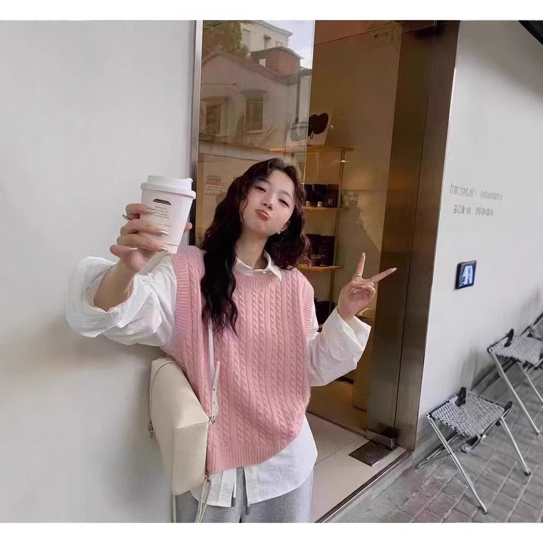 100 양모 니트 트위스트 조끼 여성의 가을 및 겨울 스택 셔츠 외부 왁스 코트 슬리밍 솔리드 컬러 울 조끼 트렌디