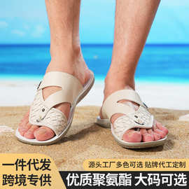 夏季跨境大码男士编织纹拖鞋防滑搭扣设计露趾透气凉鞋人字拖男拖