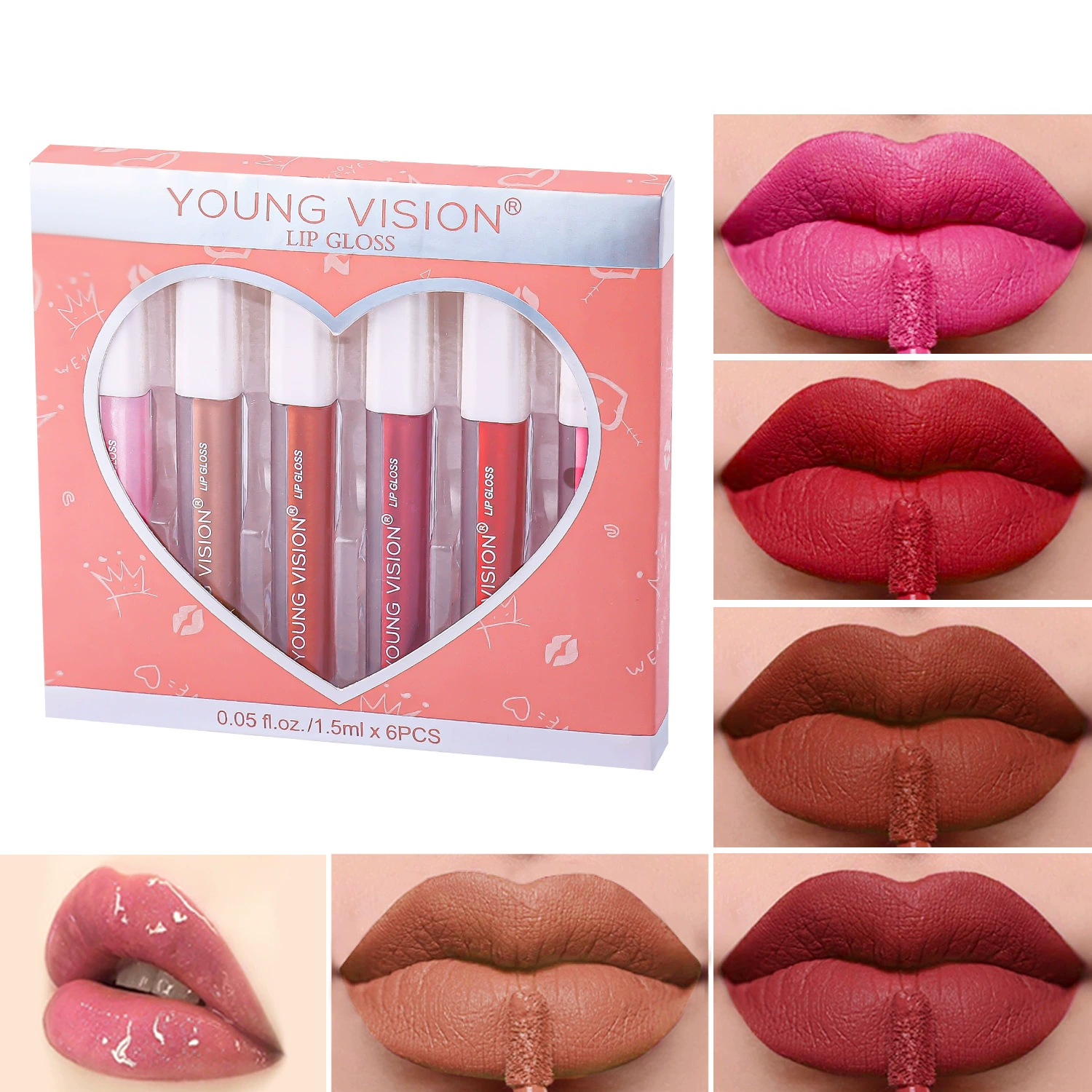Matte Liquid Lipstick Set (YOUNG VISION), 6 Colors with Lip Plumper, 1.5 ml x6