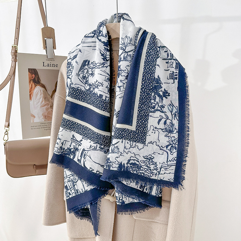 Nicho coreano retrógrado flor flor impresión toallas cuadradas de alta sensación desmontable toallas cuadradas de moda otoño-invierno