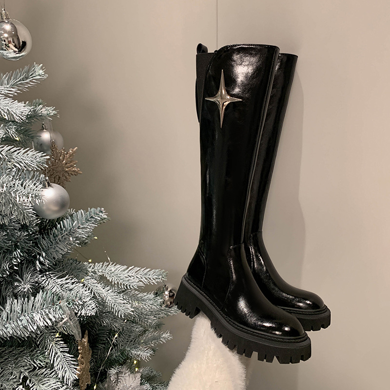 Leather black brown high boots platform