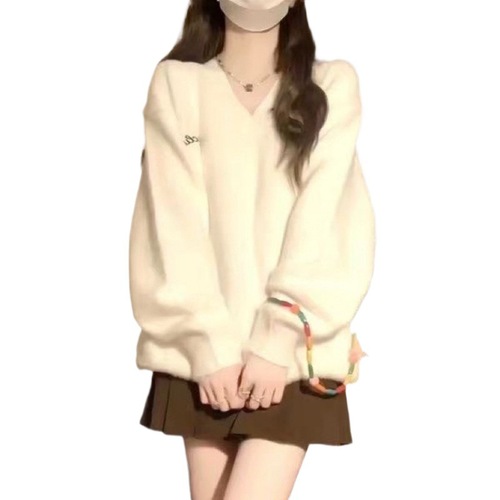 Gentle lazy style soft and glutinous white V-neck faux mink women's autumn and winter petite versatile outerwear knitted top
