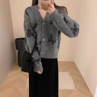 秋冬新款宽松软糯针织开衫上衣女高级感洋气蝴蝶亮片毛衣外套女